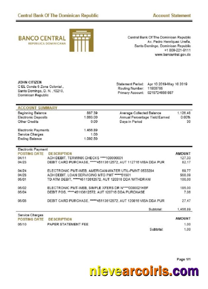 Dominican Republic Central Bank of The Dominican Republic bank statement te